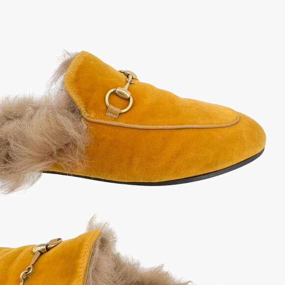 Gucci Princetown Horsebit Fur Mule EU 37 US 7 Gold Velvet Loafer Yellow Shoe - Picture 8 of 12